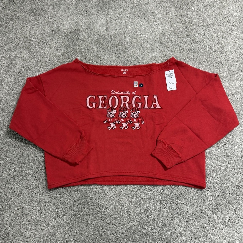 Hollister Georgia Bulldogs Sweatshirt Womens Sz M Red Cropped Off Shoulder NWT